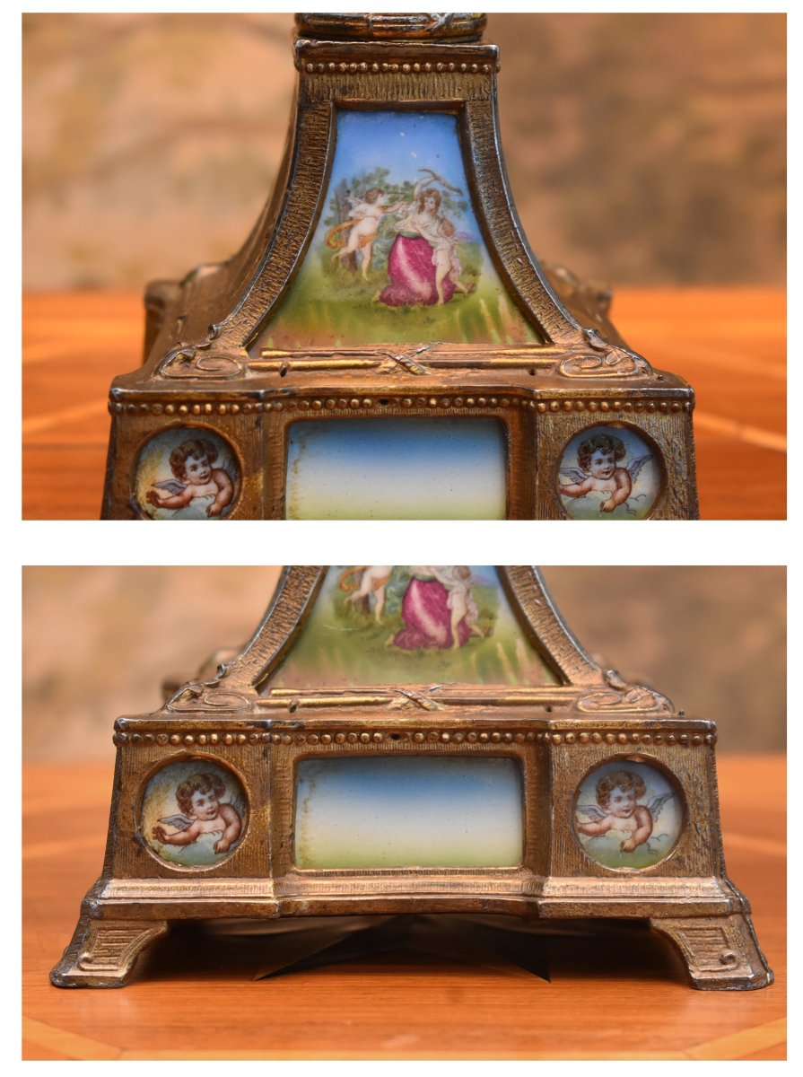 Pied de lampe en faïence décorée de personnages et angelots sur pied  en régule  doré fin XIXe-photo-7