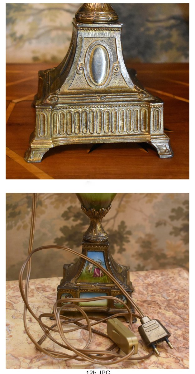 Pied de lampe en faïence décorée de personnages et angelots sur pied  en régule  doré fin XIXe-photo-8