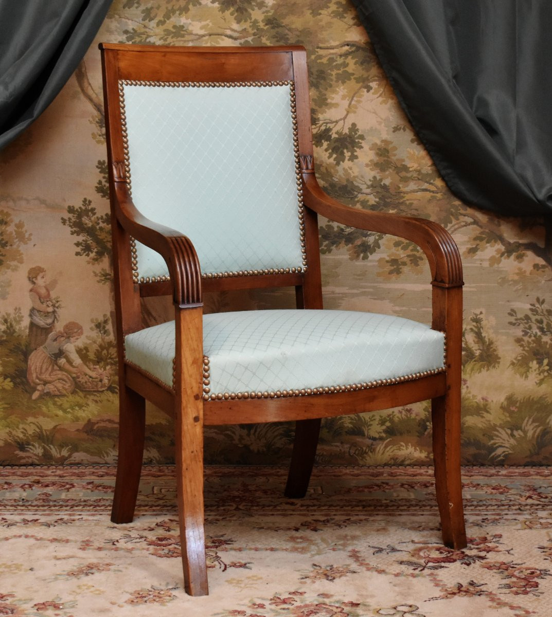 Restoration Period Armchair In Solid Cherry Wood, Fruitwood, Recent Upholstery, 19th Century-photo-2