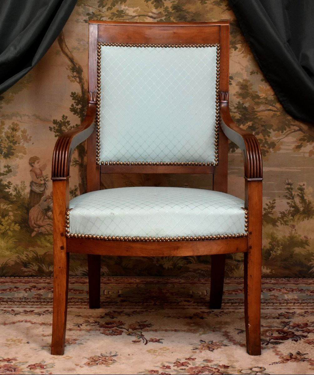 Restoration Period Armchair In Solid Cherry Wood, Fruitwood, Recent Upholstery, 19th Century-photo-3