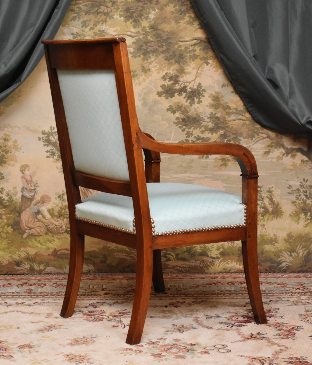 Restoration Period Armchair In Solid Cherry Wood, Fruitwood, Recent Upholstery, 19th Century-photo-4