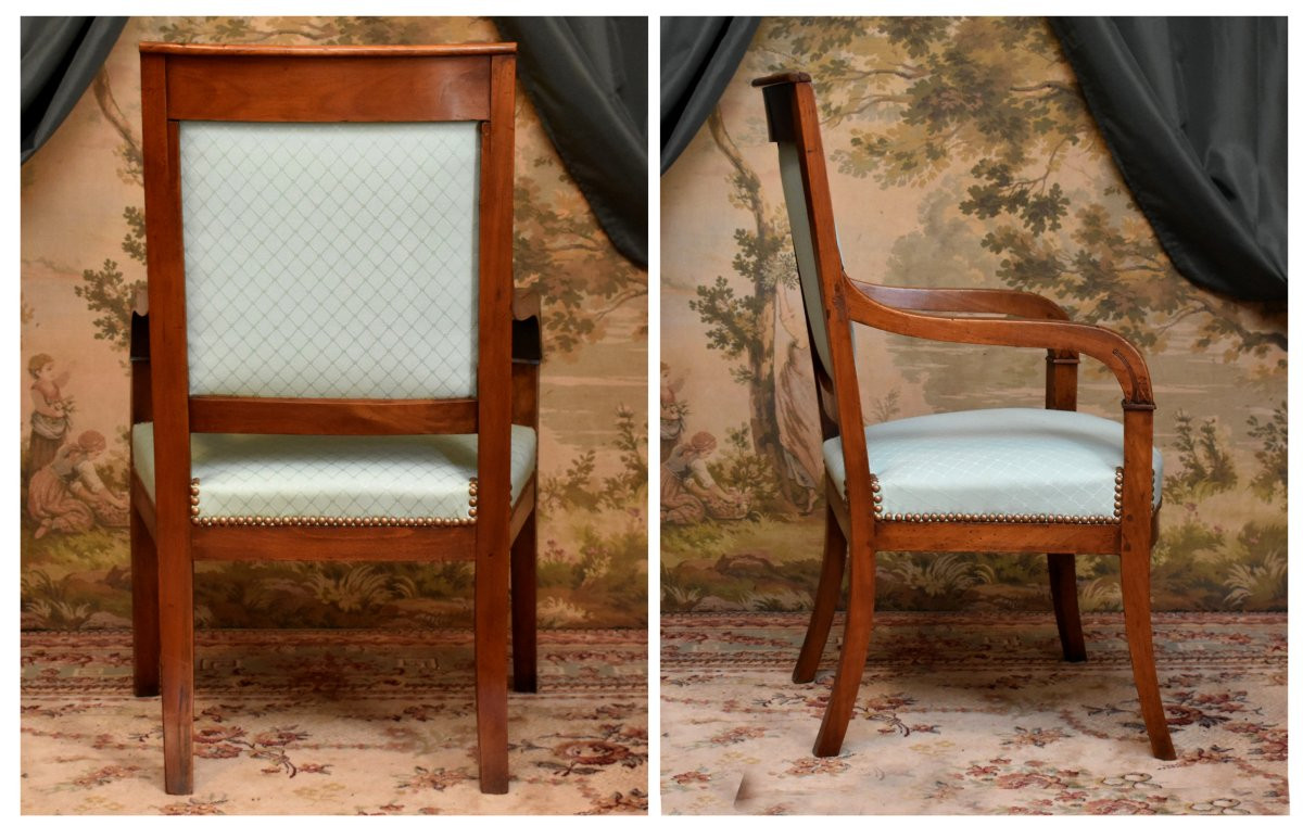 Restoration Period Armchair In Solid Cherry Wood, Fruitwood, Recent Upholstery, 19th Century-photo-2