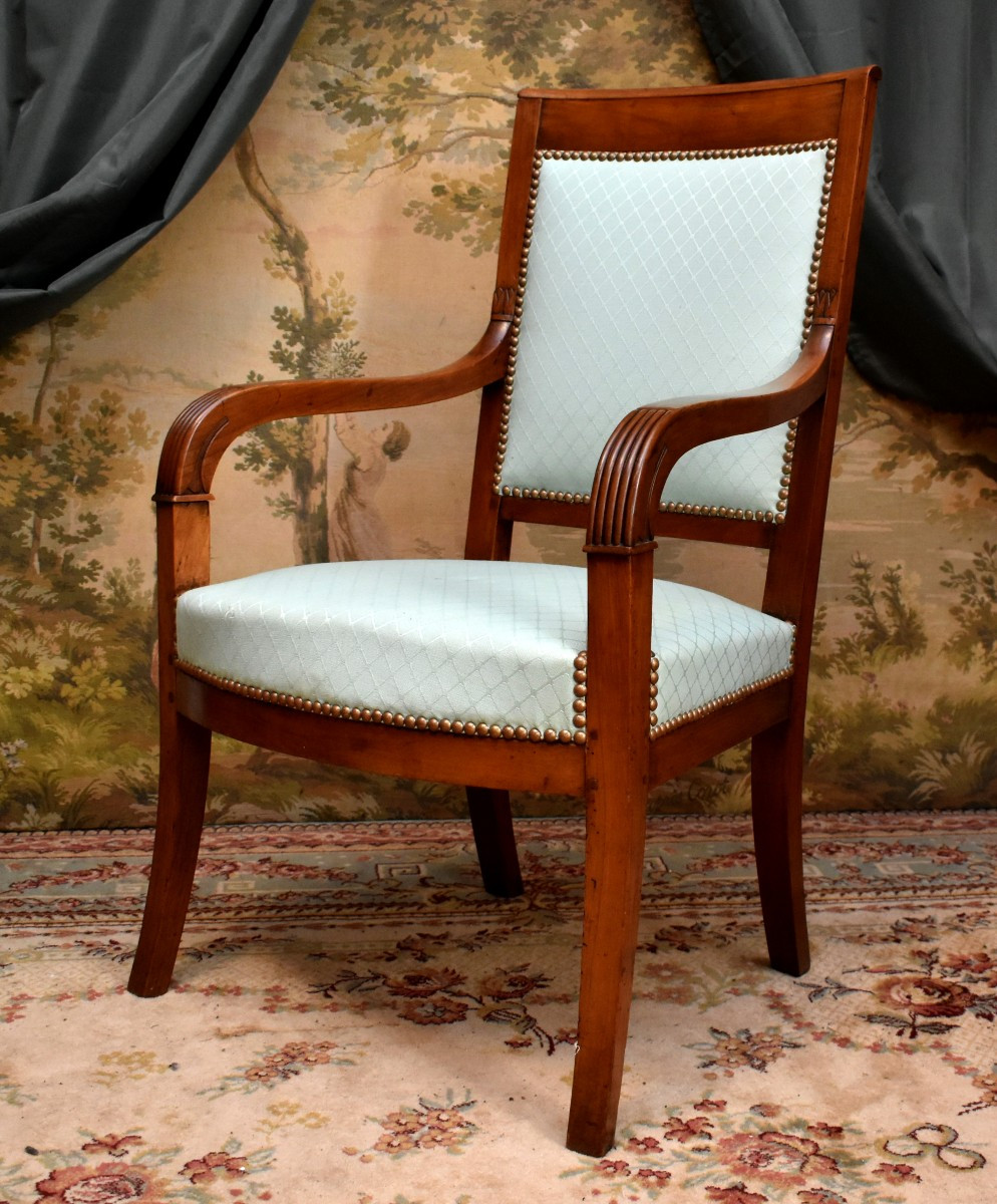 Restoration Period Armchair In Solid Cherry Wood, Fruitwood, Recent Upholstery, 19th Century