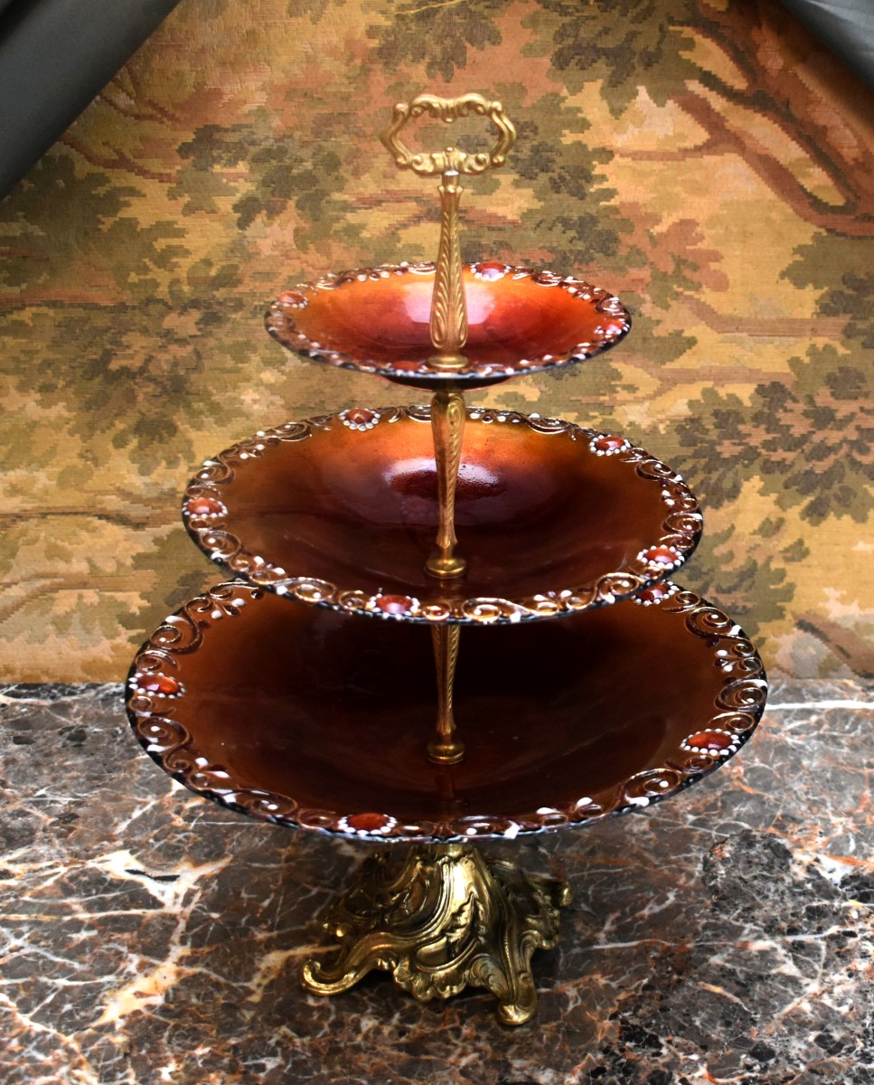 Coupe -  centre de table en émail , serviteur à 3 étages en émaux de limoges  par R. Bonhomme