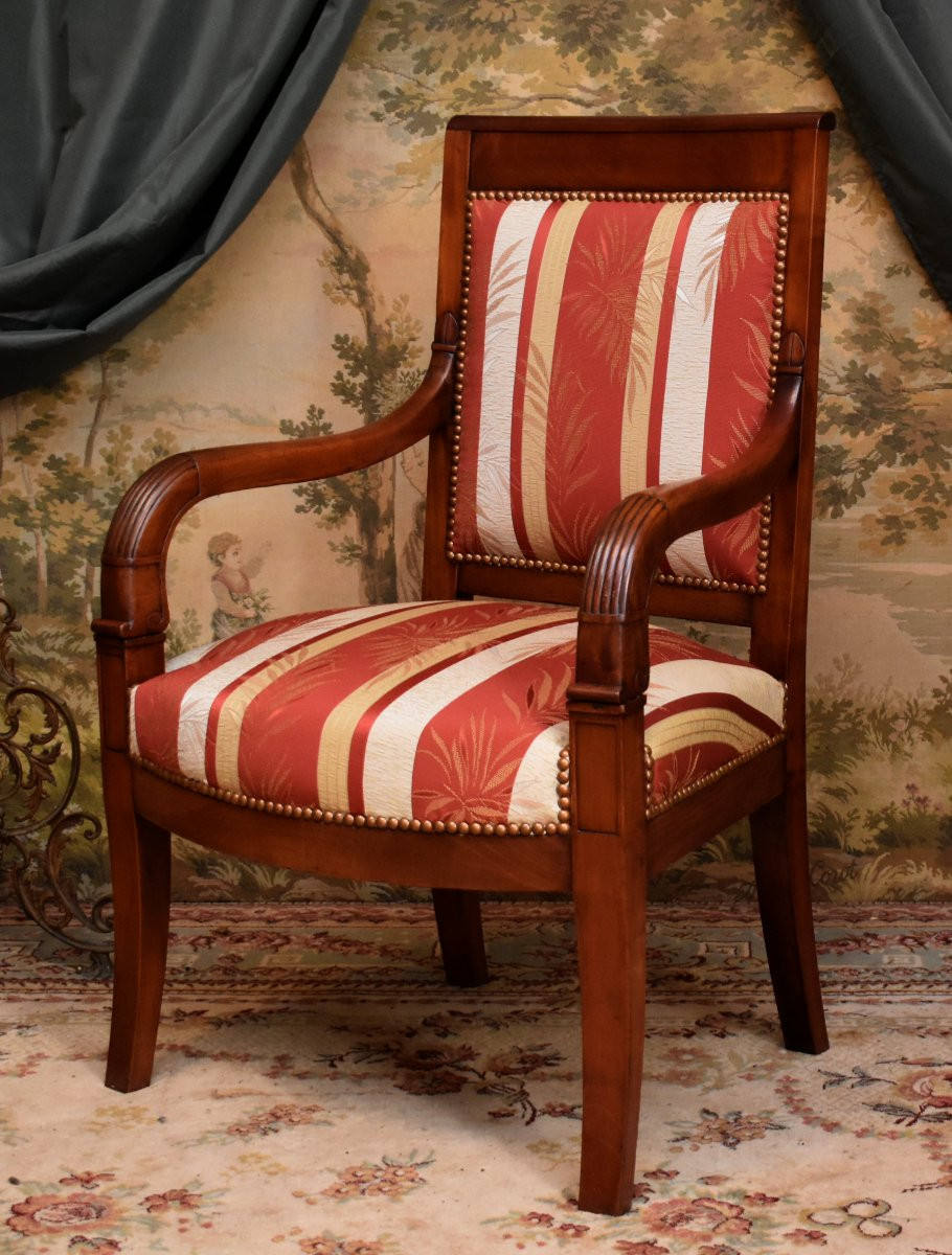 Fauteuil époque  restauration en cerisier massif, bois fruitier, refait à neuf , XIXe siècle-photo-2