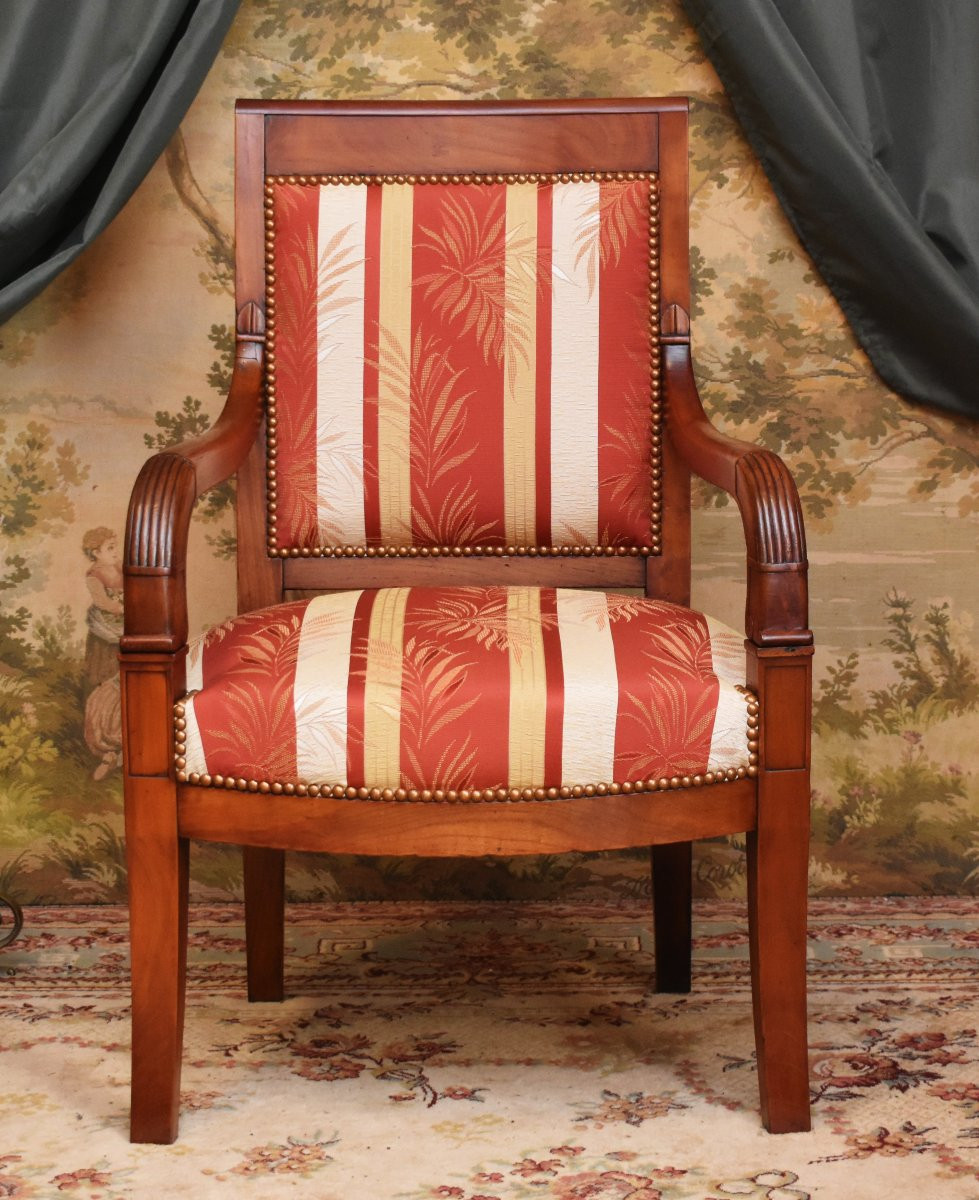 Fauteuil époque  restauration en cerisier massif, bois fruitier, refait à neuf , XIXe siècle-photo-3