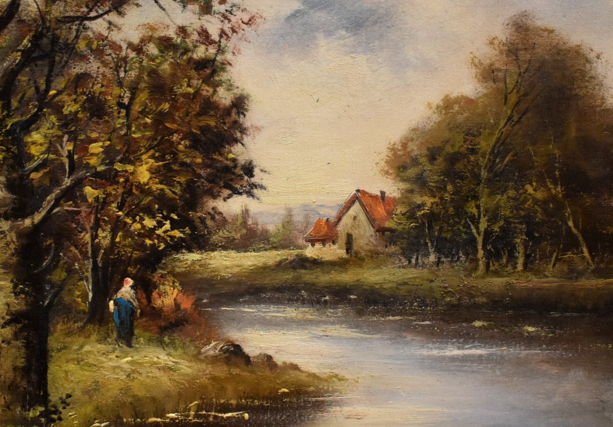Oil Painting On Canvas, Barbizon, Animated Landscape, French School Of The 19th Century, -photo-1