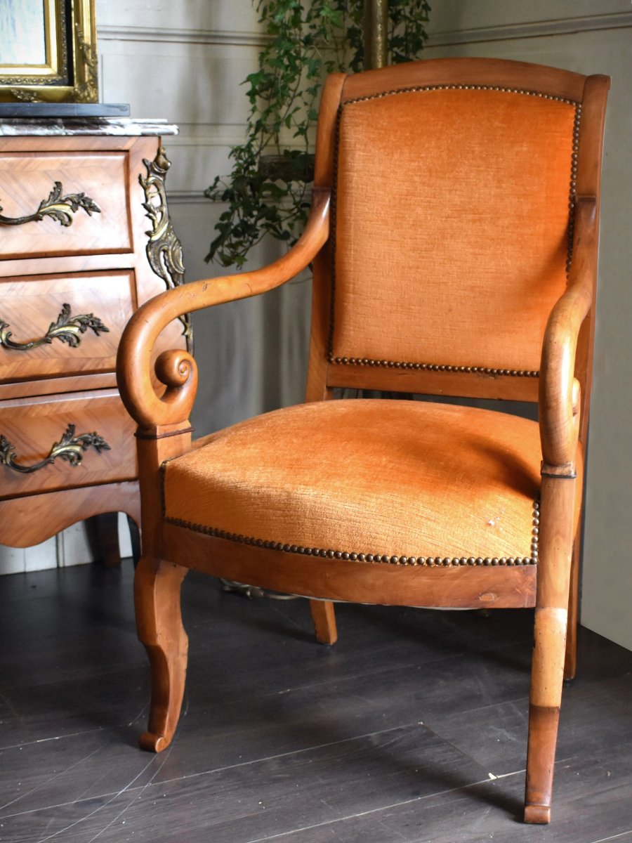Restoration Period Walnut Armchair, Recent Upholstery, Crooked Armrests, 19th Century -photo-2