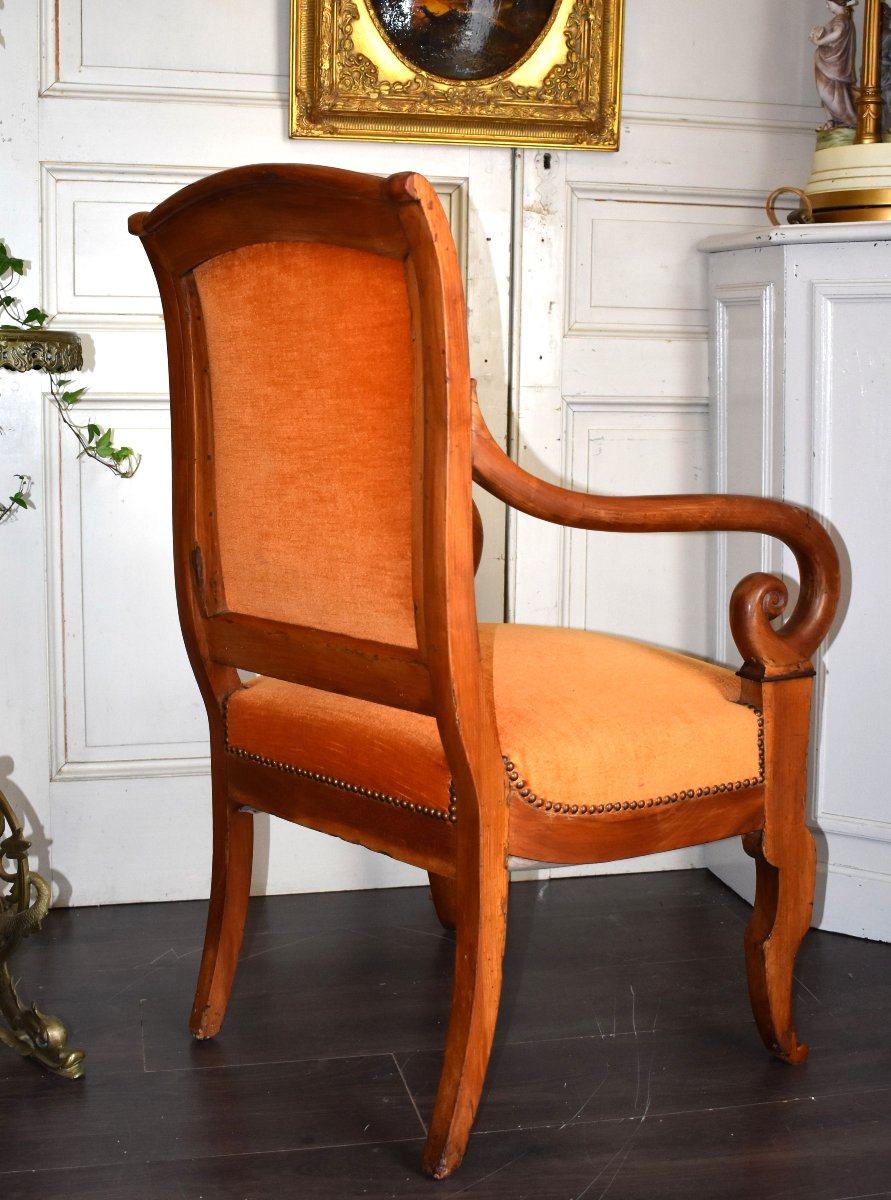 Restoration Period Walnut Armchair, Recent Upholstery, Crooked Armrests, 19th Century -photo-3