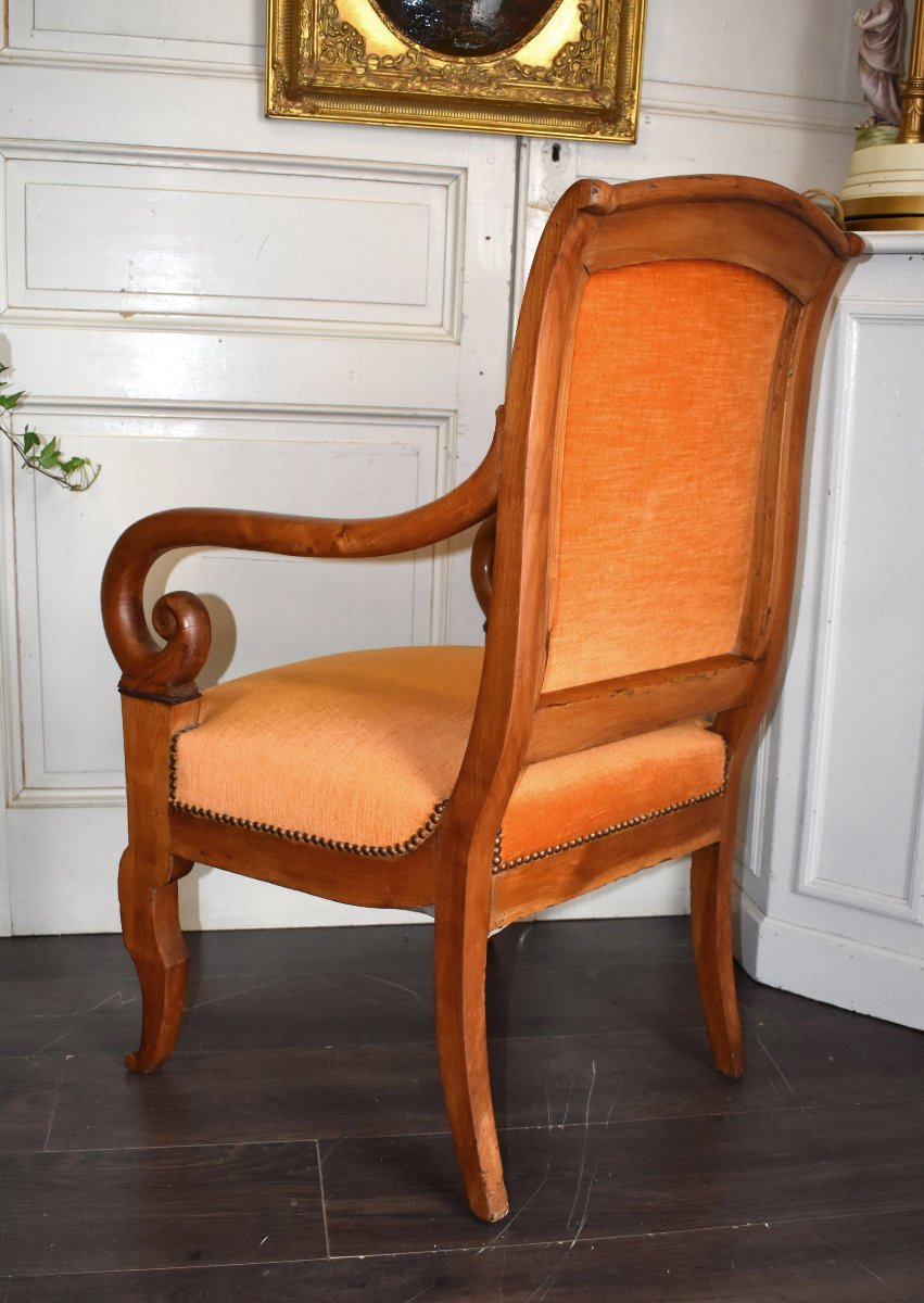 Restoration Period Walnut Armchair, Recent Upholstery, Crooked Armrests, 19th Century -photo-4