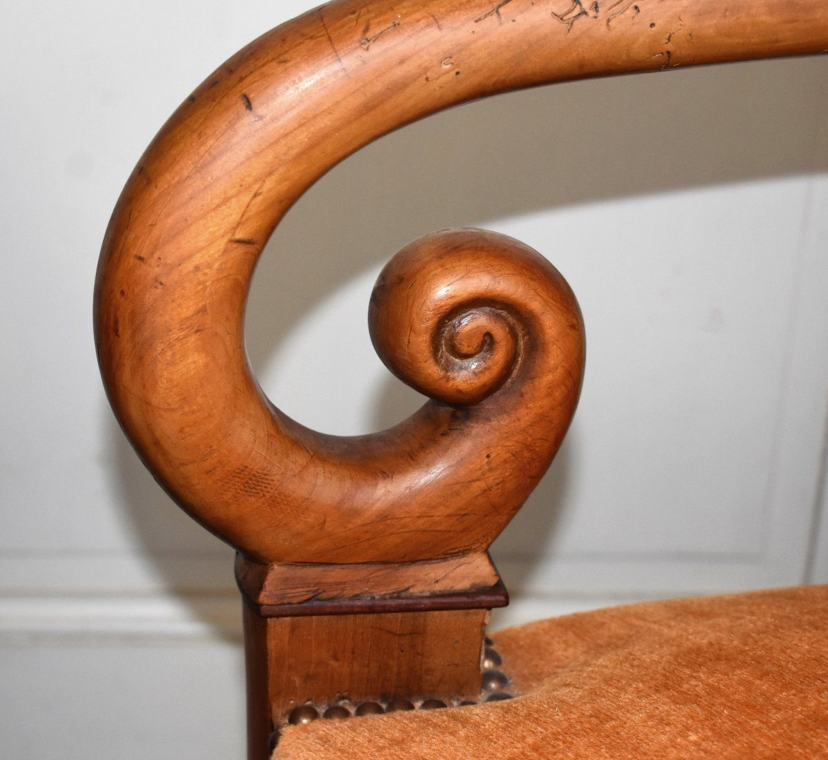 Restoration Period Walnut Armchair, Recent Upholstery, Crooked Armrests, 19th Century -photo-3