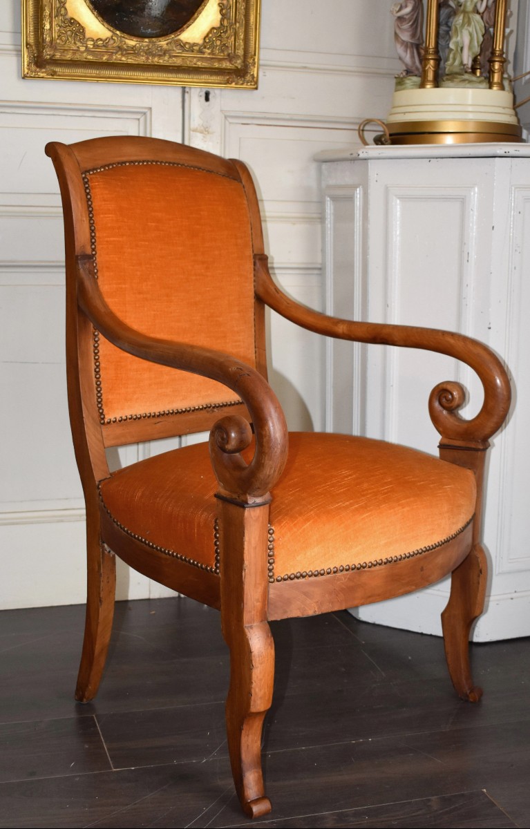 Restoration Period Walnut Armchair, Recent Upholstery, Crooked Armrests, 19th Century 
