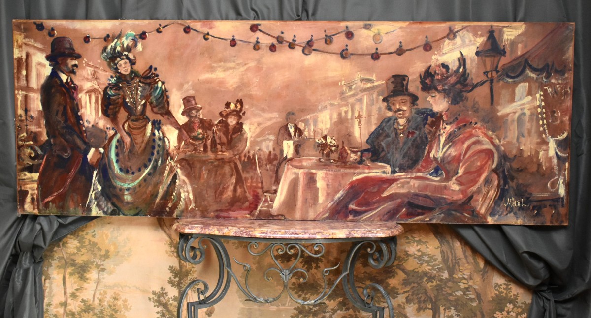 Very Important Painting, Fresco Of A Lively Scene From Parisian Life In 1900, Signed Mitch-photo-2
