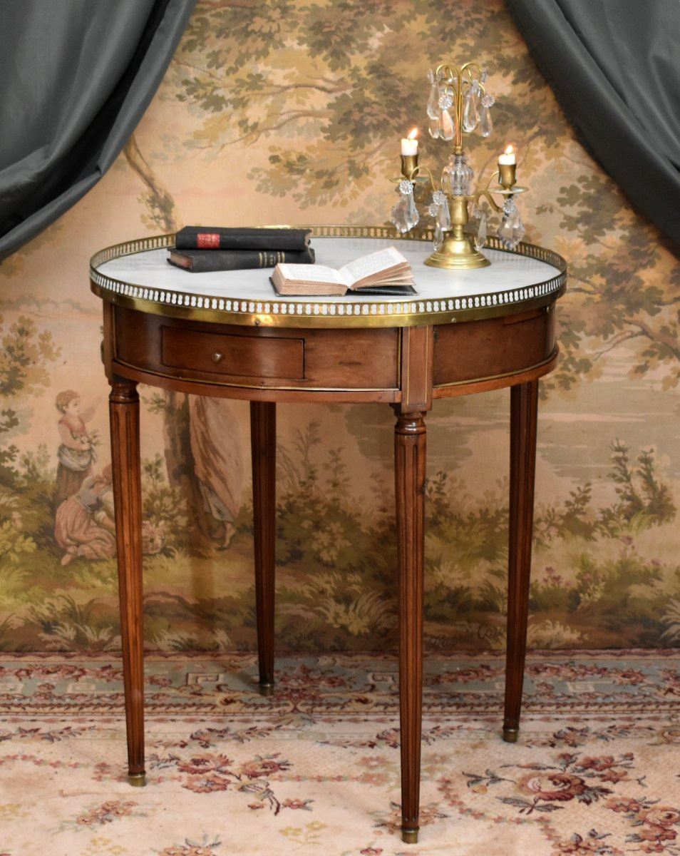 Louis XVI Style Bouillotte Table In Mahogany, White Marble And Brass Gallery, Late 19th Century-photo-2