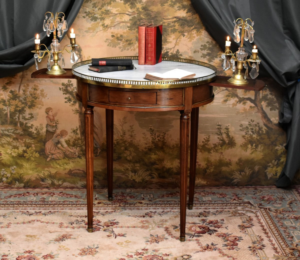 Louis XVI Style Bouillotte Table In Mahogany, White Marble And Brass Gallery, Late 19th Century-photo-3