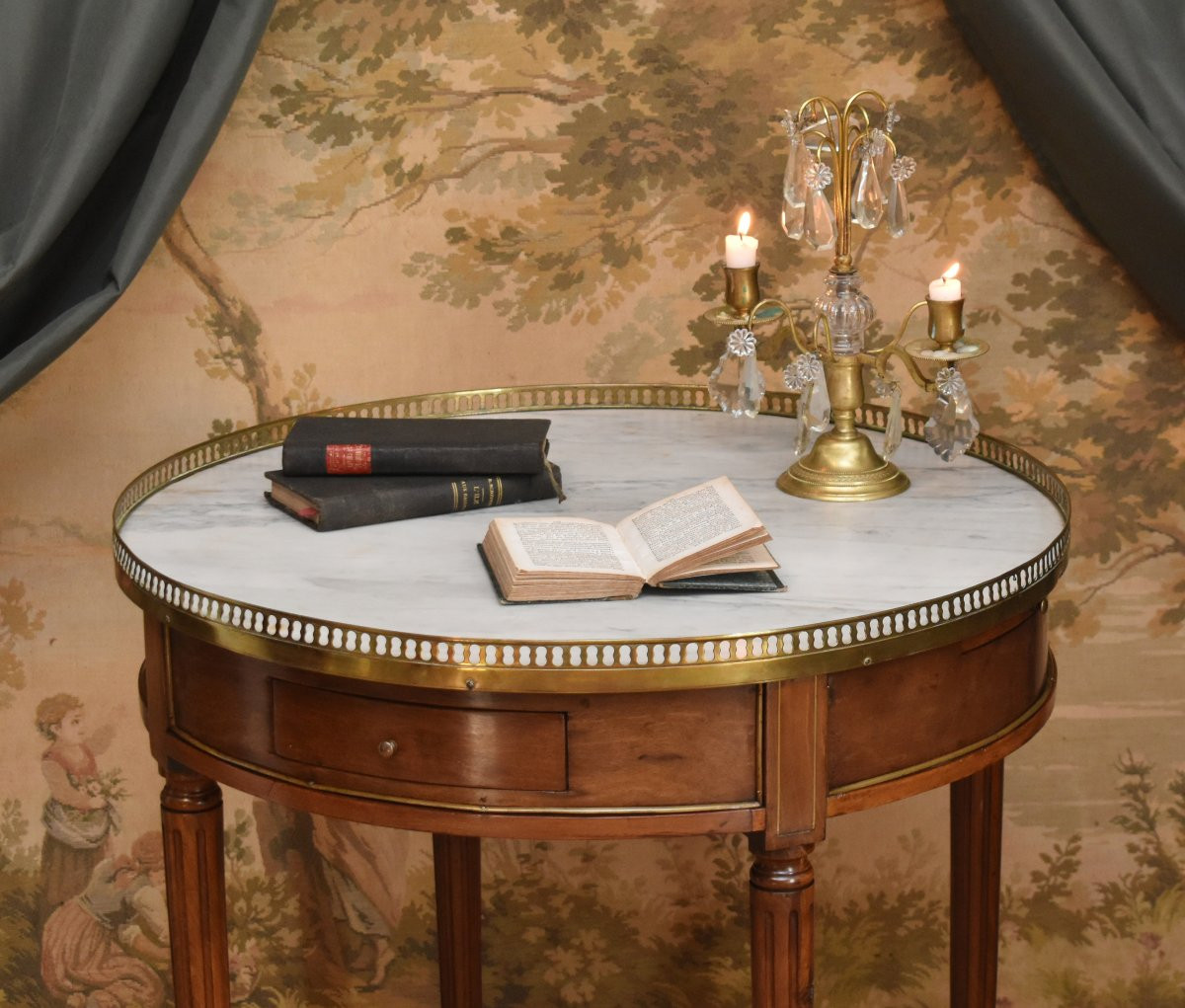 Louis XVI Style Bouillotte Table In Mahogany, White Marble And Brass Gallery, Late 19th Century-photo-1