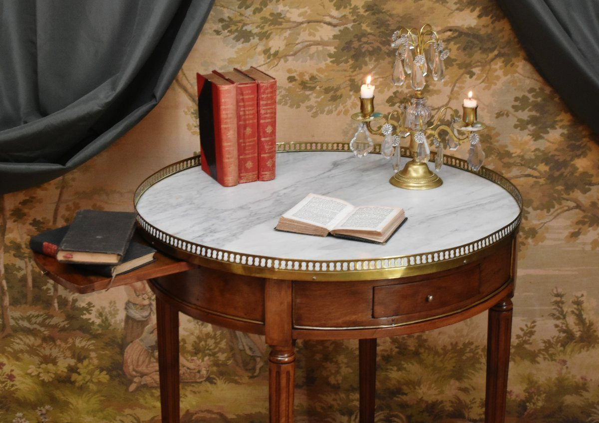 Louis XVI Style Bouillotte Table In Mahogany, White Marble And Brass Gallery, Late 19th Century-photo-2