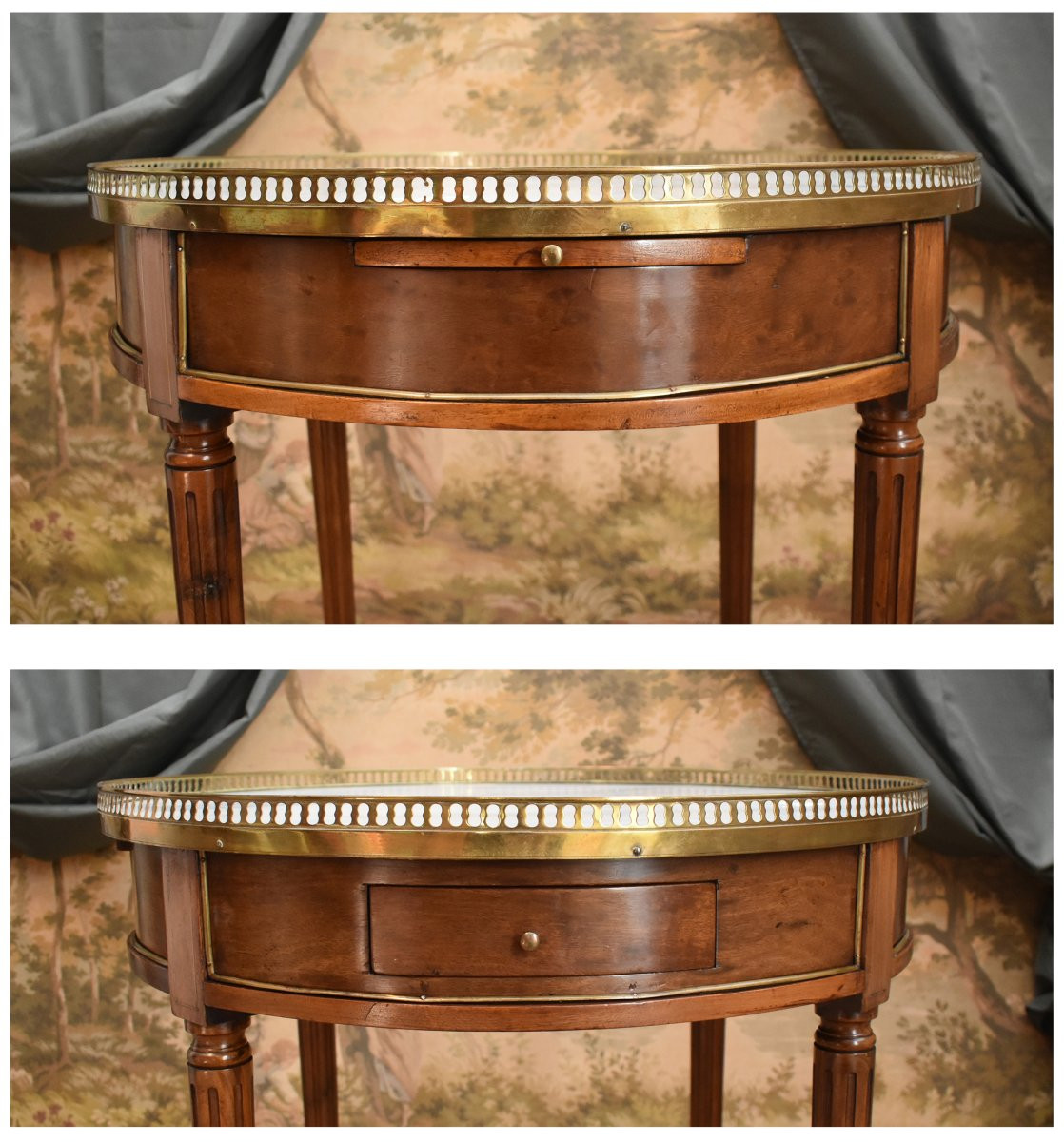 Louis XVI Style Bouillotte Table In Mahogany, White Marble And Brass Gallery, Late 19th Century-photo-4