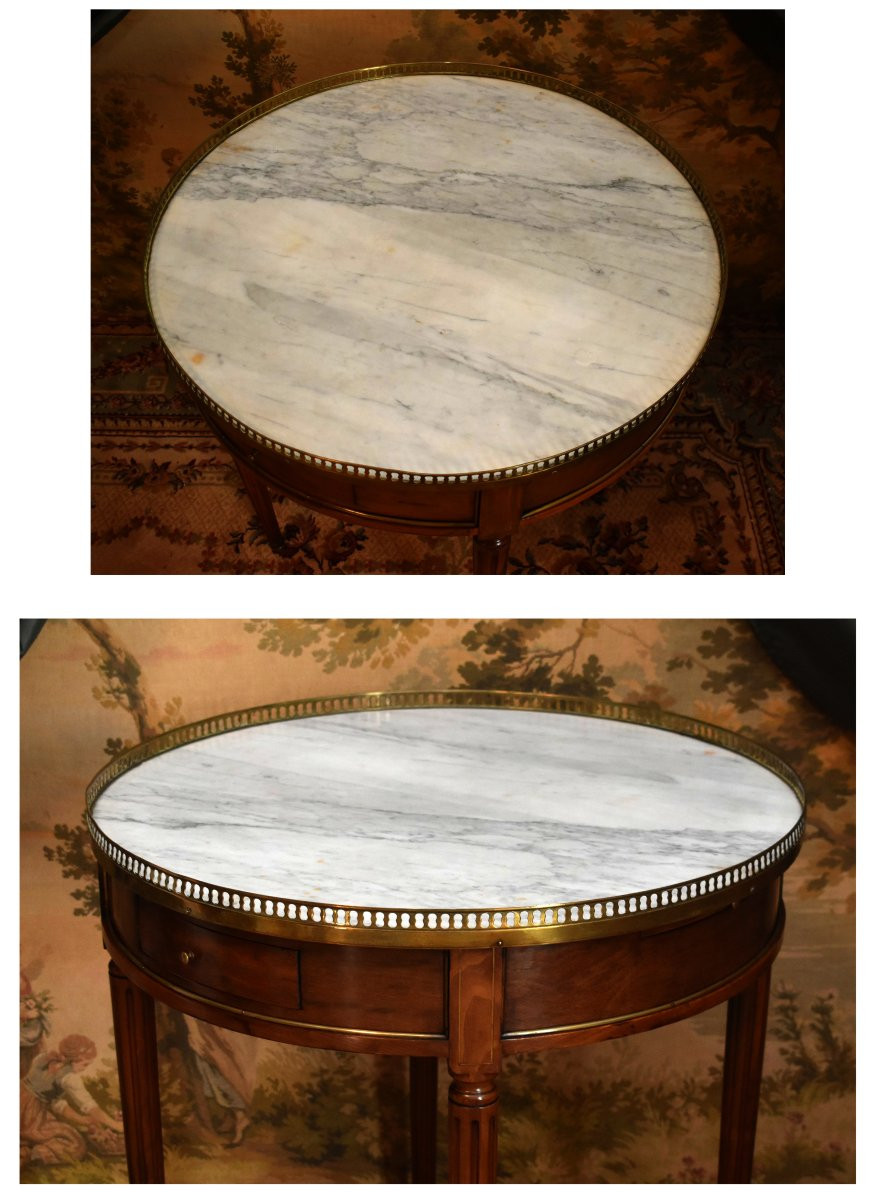 Louis XVI Style Bouillotte Table In Mahogany, White Marble And Brass Gallery, Late 19th Century-photo-7