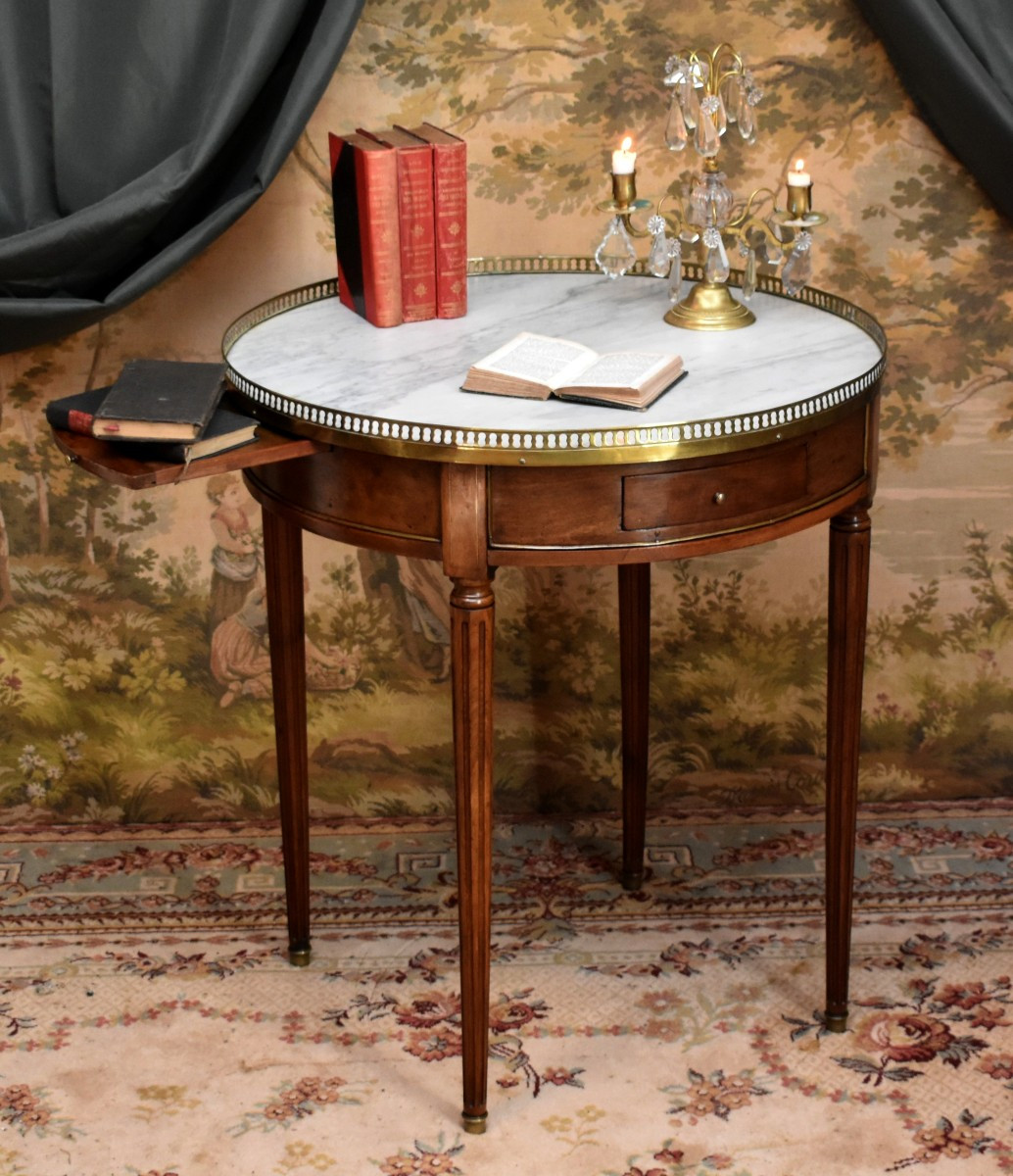 Louis XVI Style Bouillotte Table In Mahogany, White Marble And Brass Gallery, Late 19th Century