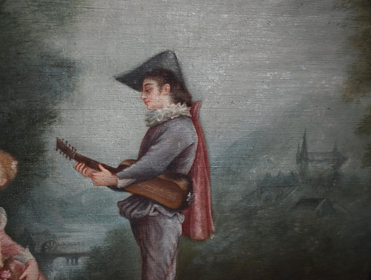Grand tableau , huile sur toile scène galante Ecole Française du XIXe dans le gout du XVIIIe-photo-1