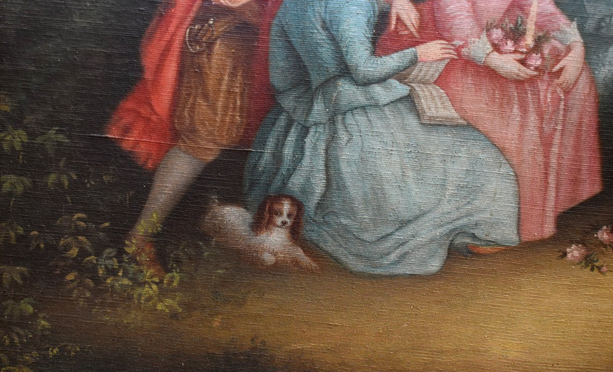 Grand tableau , huile sur toile scène galante Ecole Française du XIXe dans le gout du XVIIIe-photo-2
