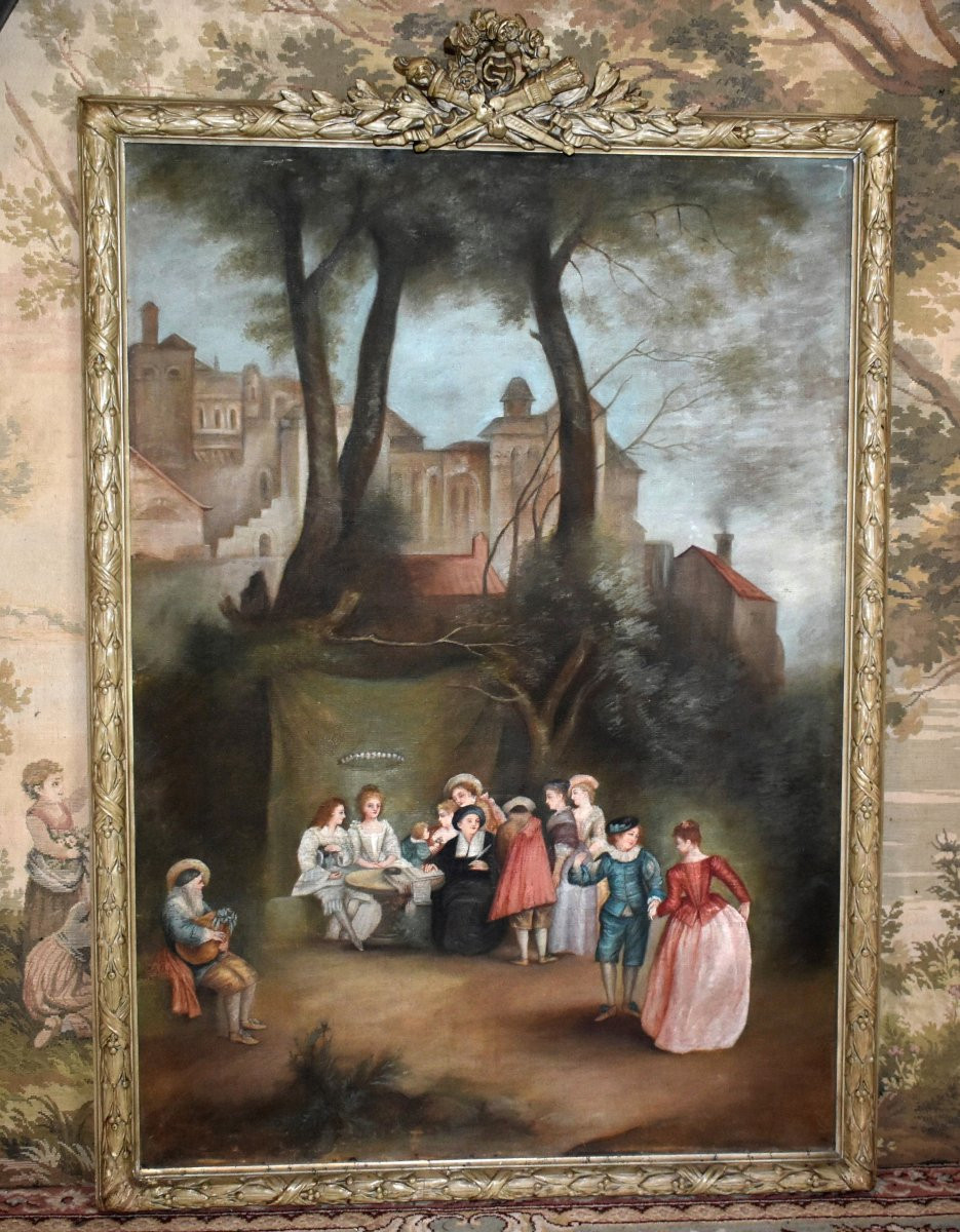 Grand tableau , huile sur toile scène animée ,  Ecole Française du XIXe dans le gout du XVIIIe-photo-2