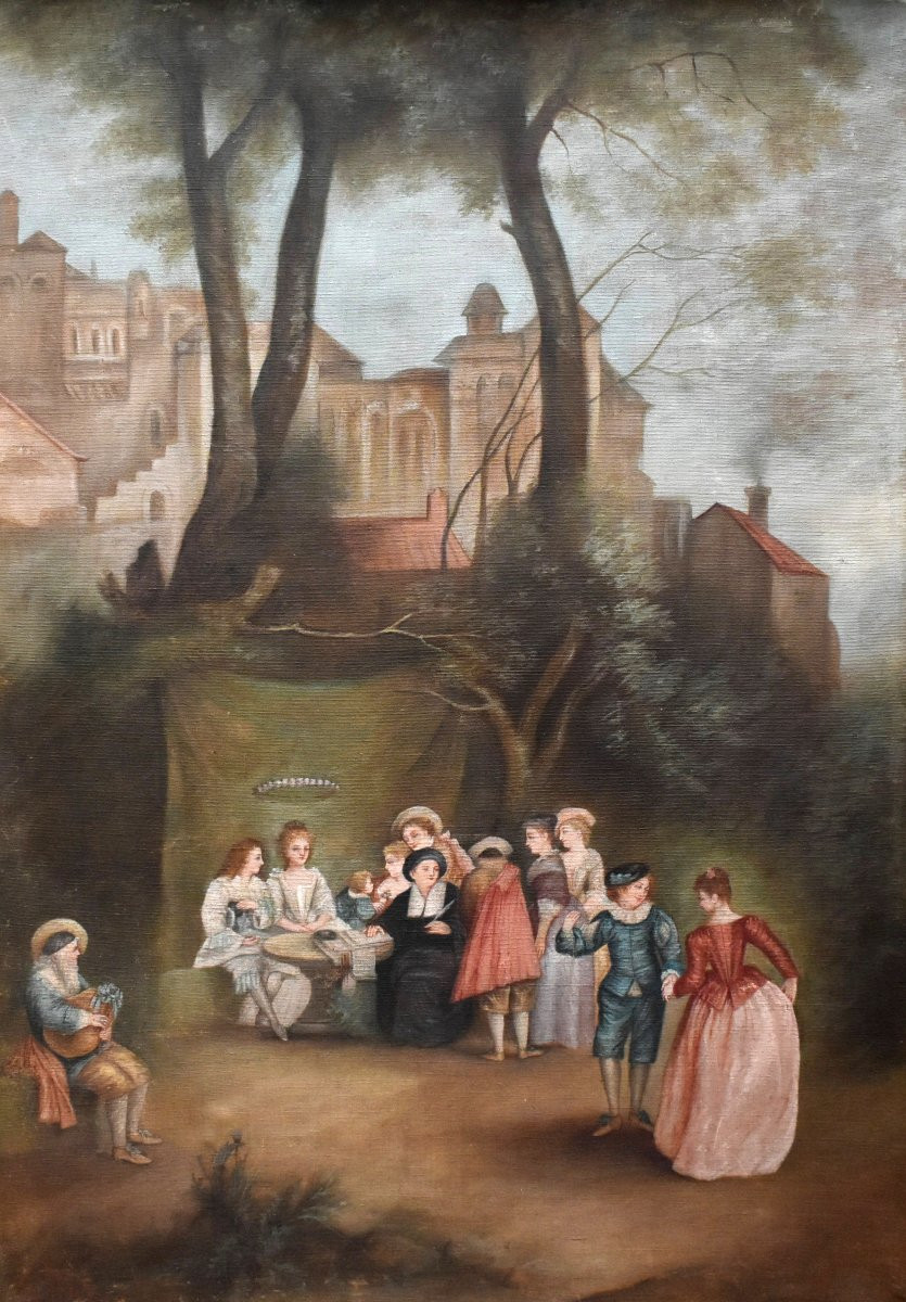 Grand tableau , huile sur toile scène animée ,  Ecole Française du XIXe dans le gout du XVIIIe-photo-3