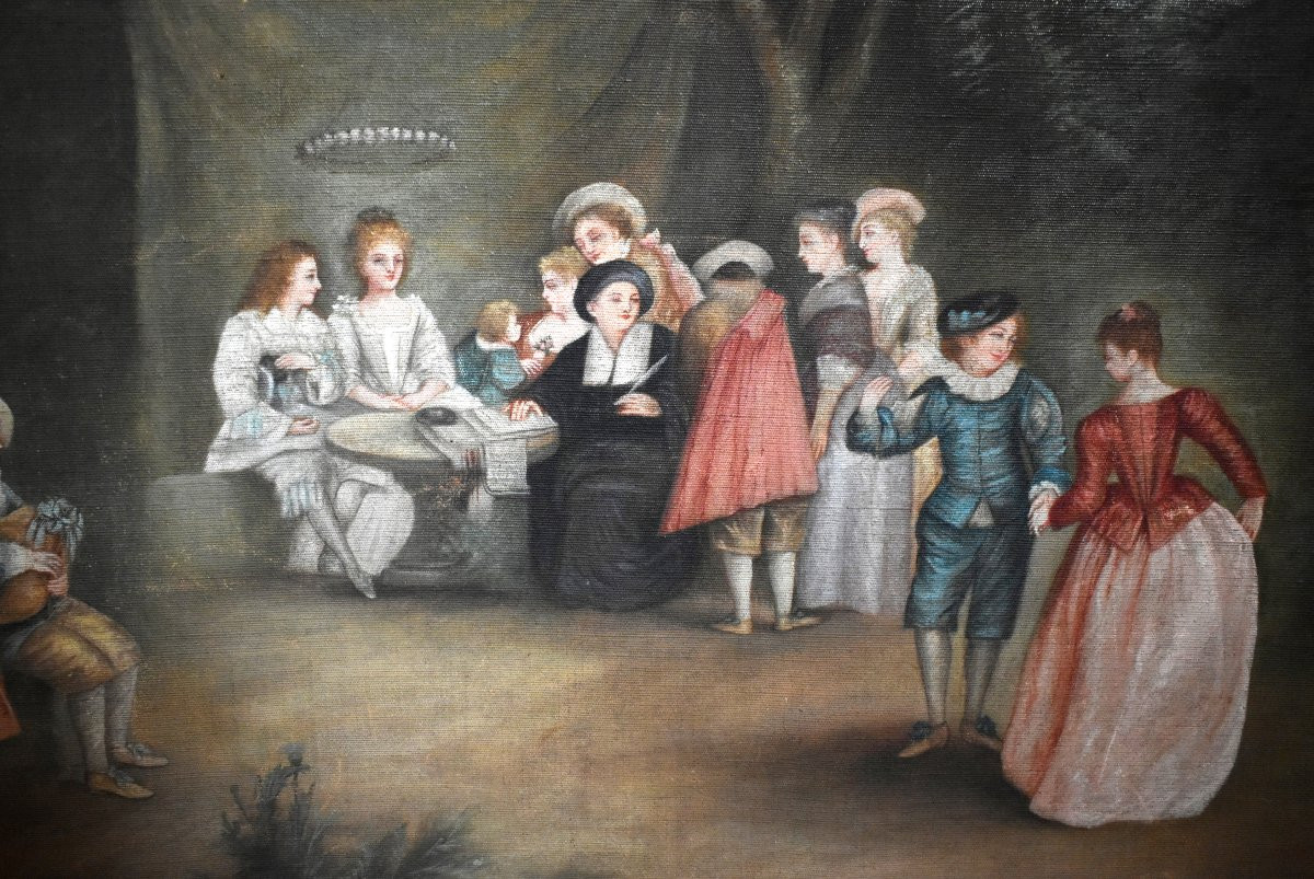Grand tableau , huile sur toile scène animée ,  Ecole Française du XIXe dans le gout du XVIIIe-photo-4