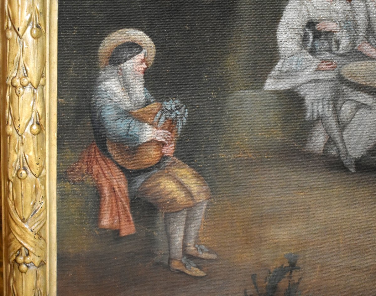 Grand tableau , huile sur toile scène animée ,  Ecole Française du XIXe dans le gout du XVIIIe-photo-2