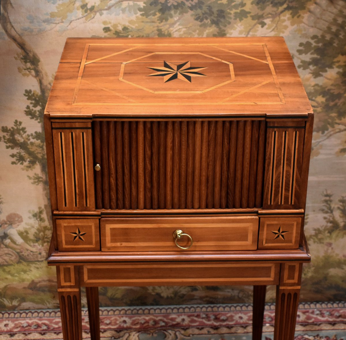 Louis XVI Style Occasional Furniture, Cherry Wood And Light Wood Marquetry, Small Bedside Table With Curtain-photo-4