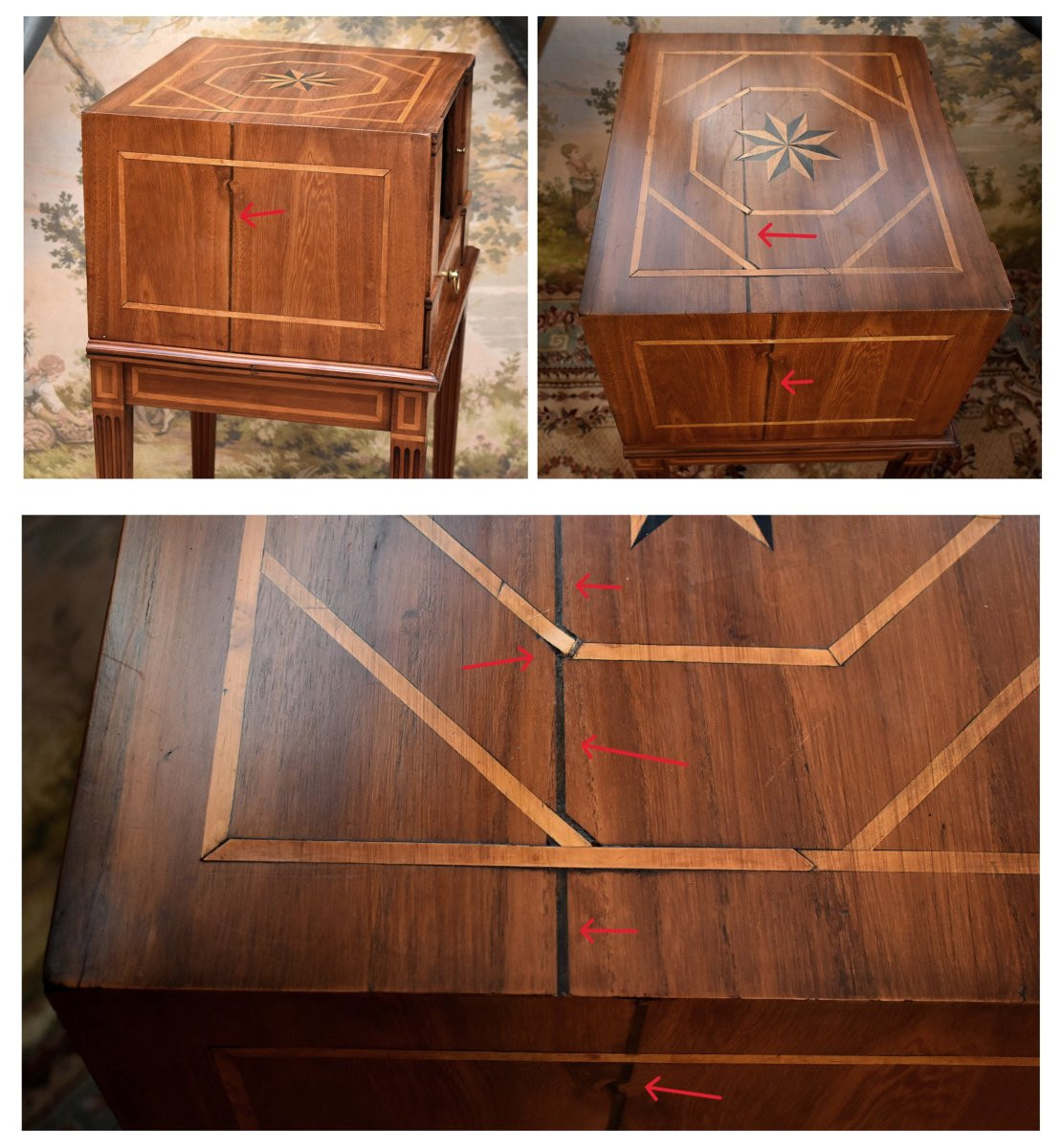 Louis XVI Style Occasional Furniture, Cherry Wood And Light Wood Marquetry, Small Bedside Table With Curtain-photo-8