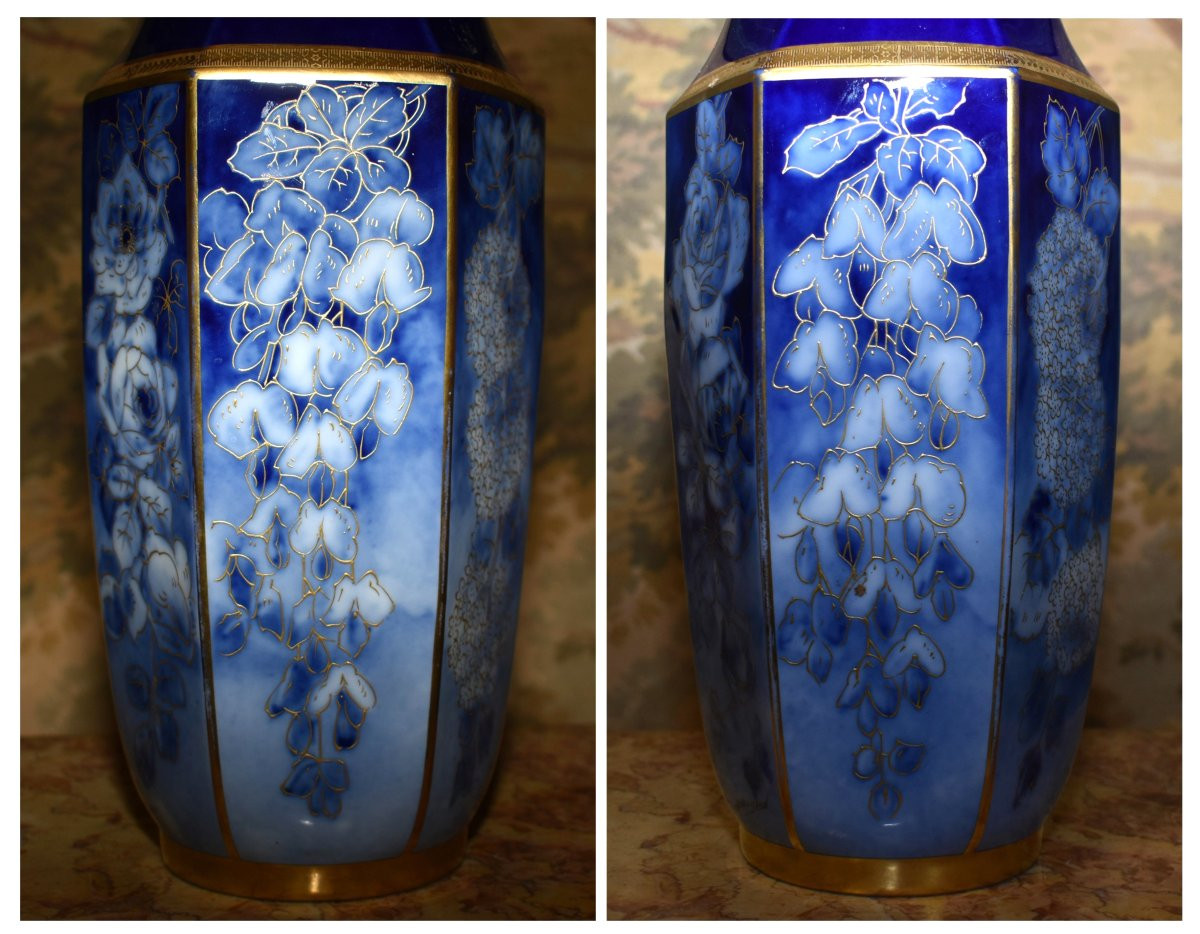 Vase en porcelaine de Limoges P. Pastaud, en camaieu de bleu et bleu de four, incrustation or, -photo-3