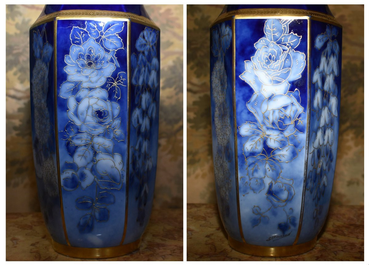 Vase en porcelaine de Limoges P. Pastaud, en camaieu de bleu et bleu de four, incrustation or, -photo-5