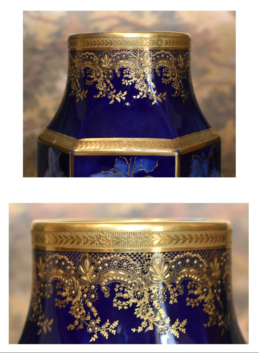 Vase en porcelaine de Limoges P. Pastaud, en camaieu de bleu et bleu de four, incrustation or, -photo-7