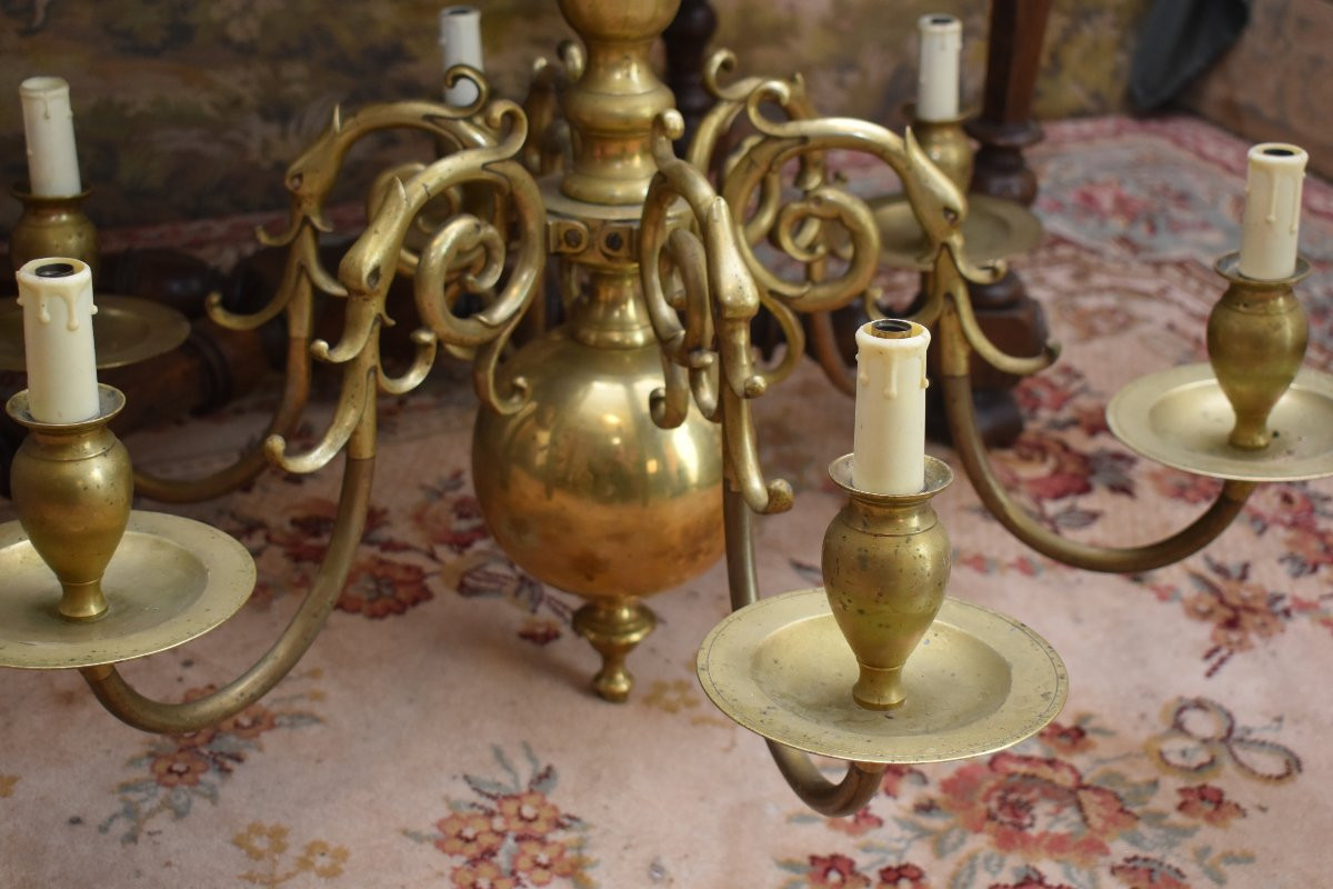 Large Dutch-style Chandelier In Bronze And Brass With 6 Light Arms -photo-4