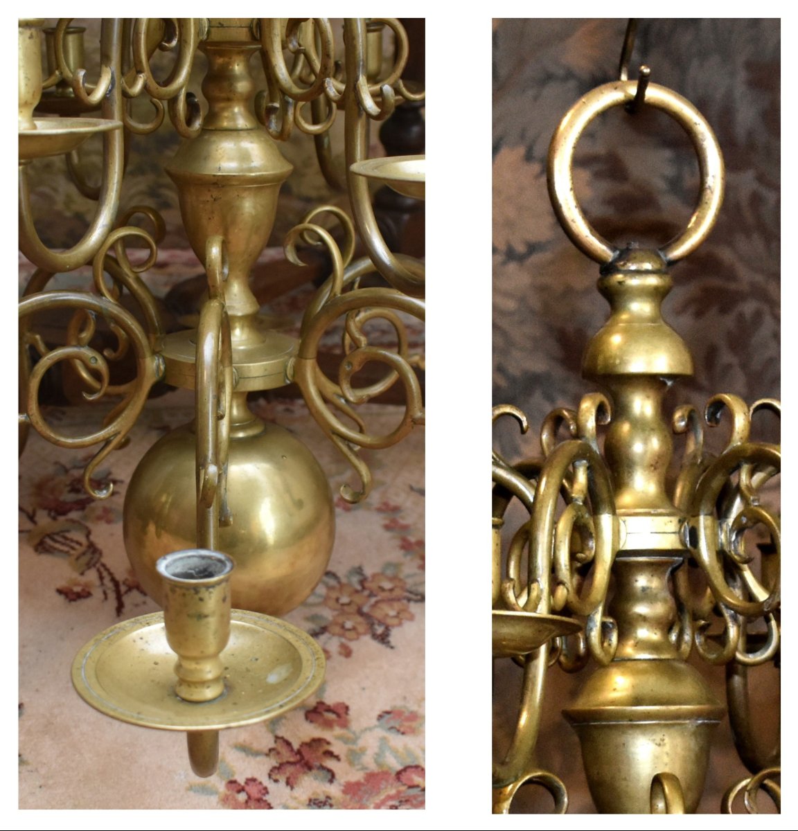 Lustre  Hollandais en bronze et laiton à 12 bras de lumières sur 2 niveaux , éclairage  bougies-photo-8