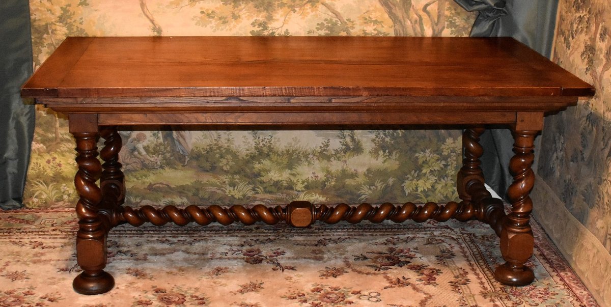 Grande table de salle à manger ou bureau,  style Louis XIII, double torsade, bois de frêne     -photo-2