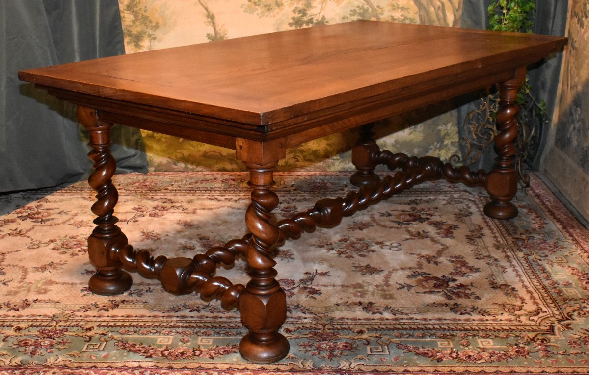 Grande table de salle à manger ou bureau,  style Louis XIII, double torsade, bois de frêne     -photo-3