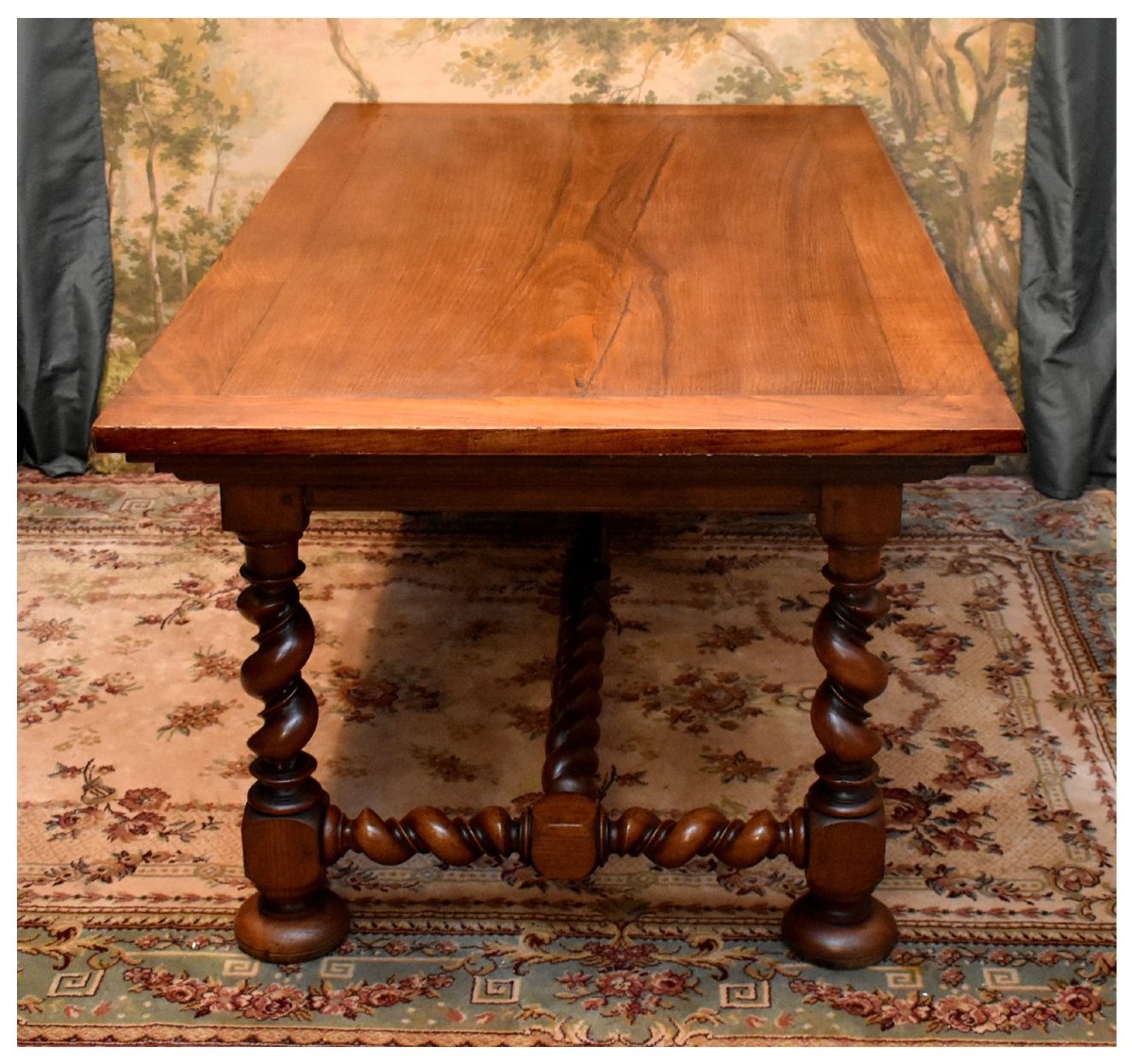 Grande table de salle à manger ou bureau,  style Louis XIII, double torsade, bois de frêne     -photo-4