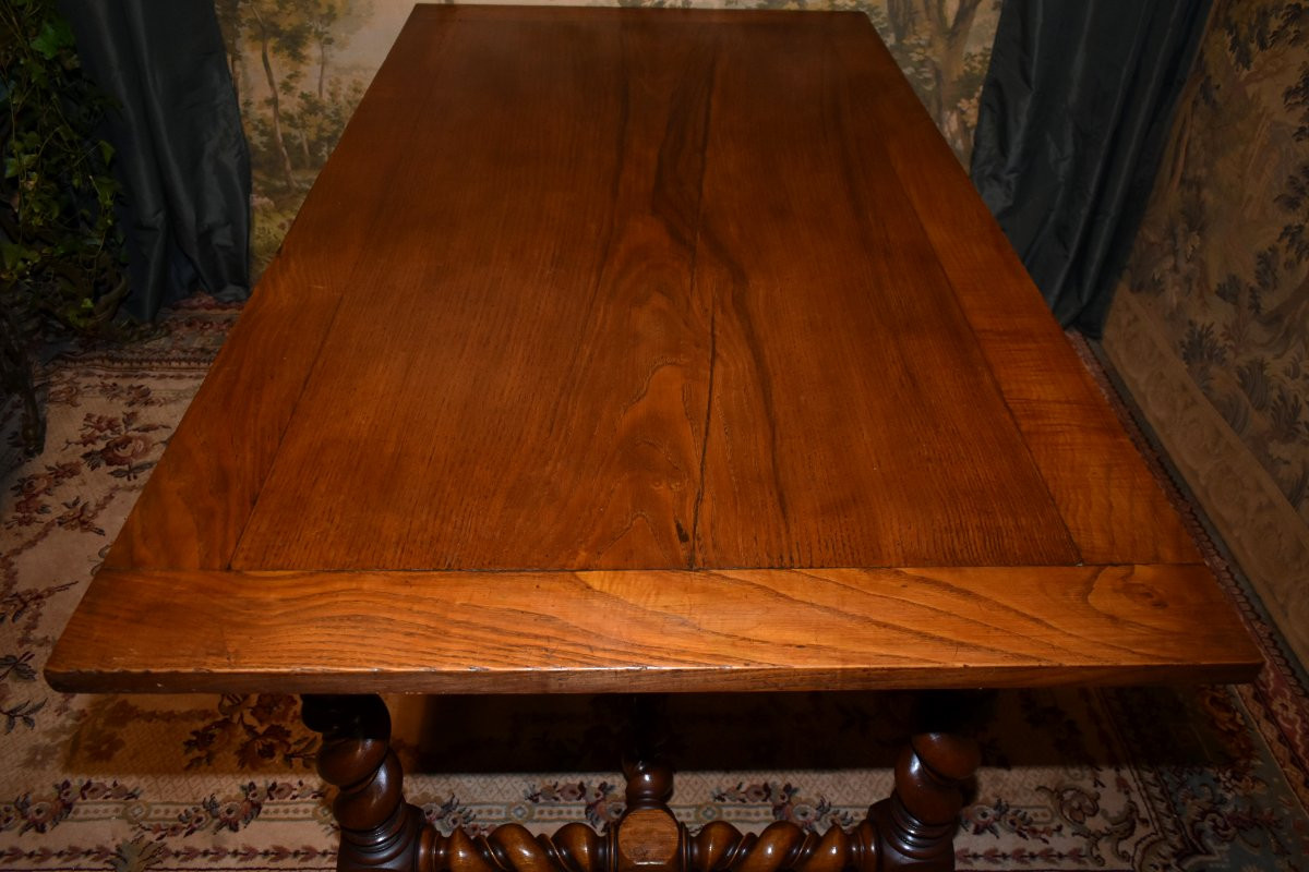 Grande table de salle à manger ou bureau,  style Louis XIII, double torsade, bois de frêne     -photo-1