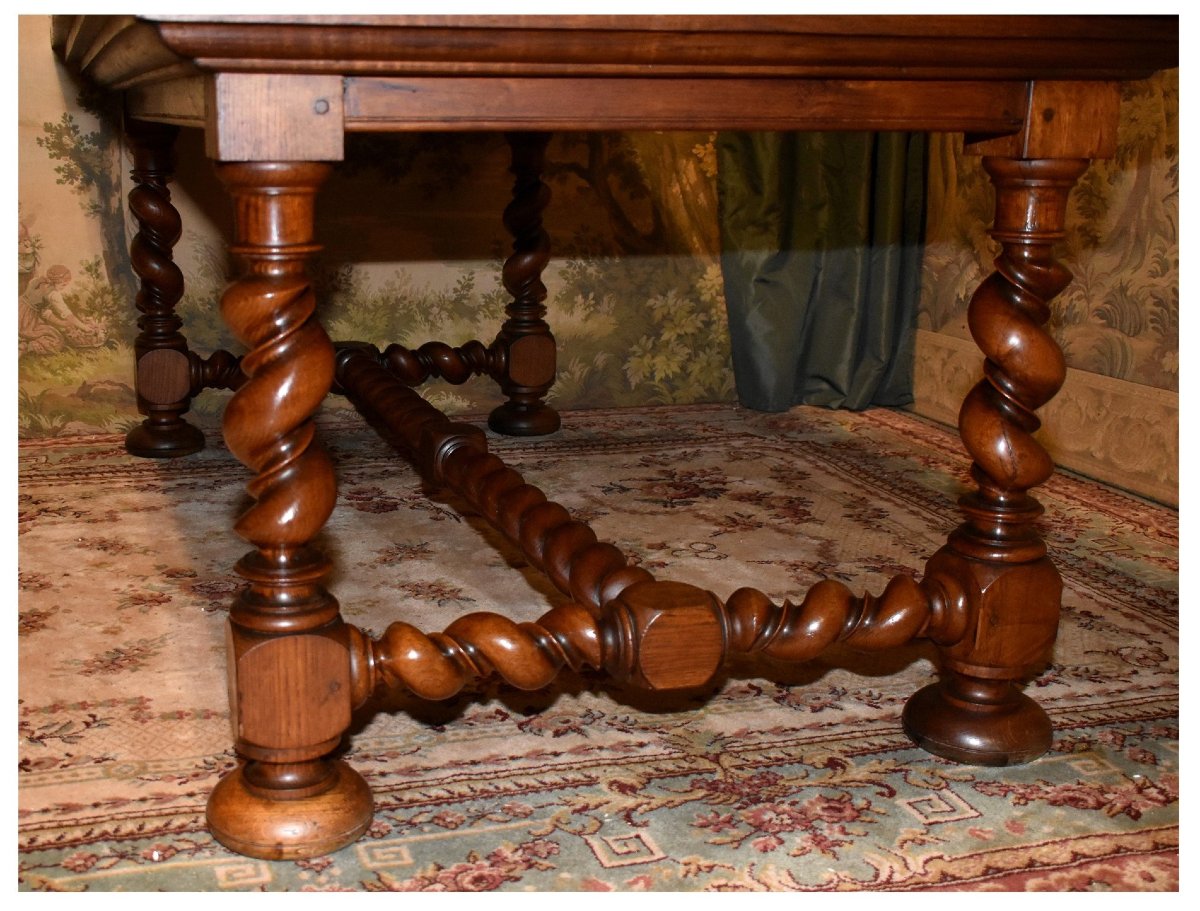 Grande table de salle à manger ou bureau,  style Louis XIII, double torsade, bois de frêne     -photo-3