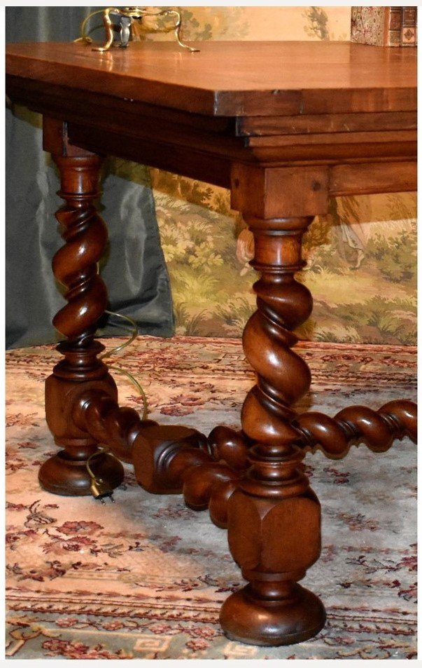 Grande table de salle à manger ou bureau,  style Louis XIII, double torsade, bois de frêne     -photo-5