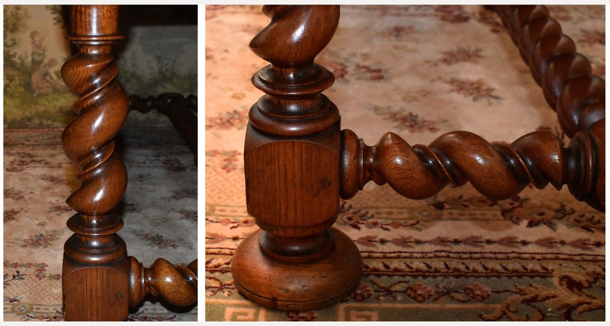 Grande table de salle à manger ou bureau,  style Louis XIII, double torsade, bois de frêne     -photo-6