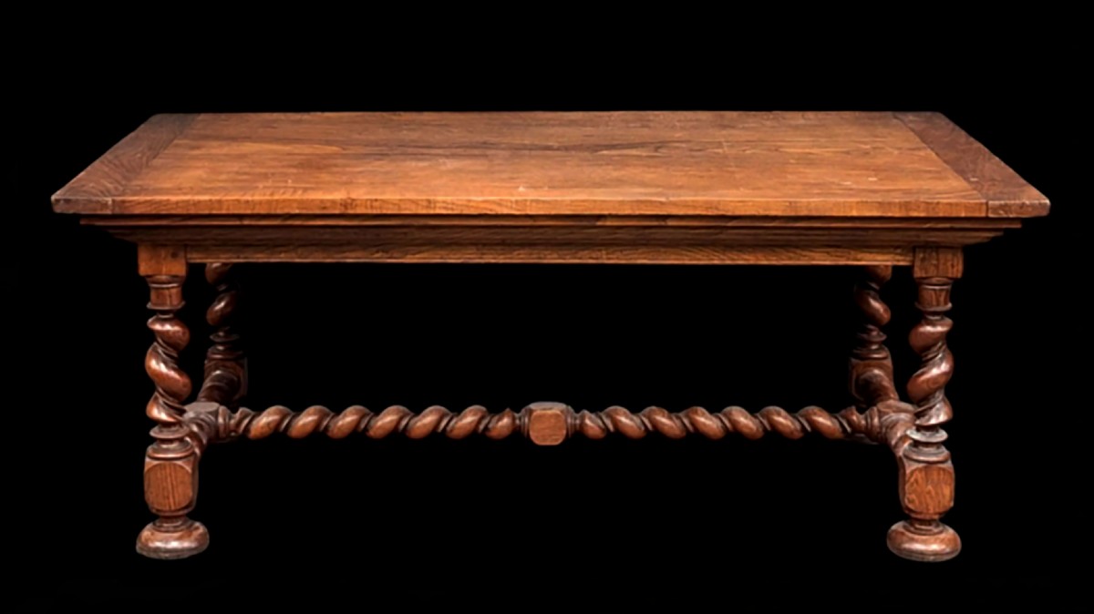 Grande table de salle à manger ou bureau,  style Louis XIII, double torsade, bois de frêne     