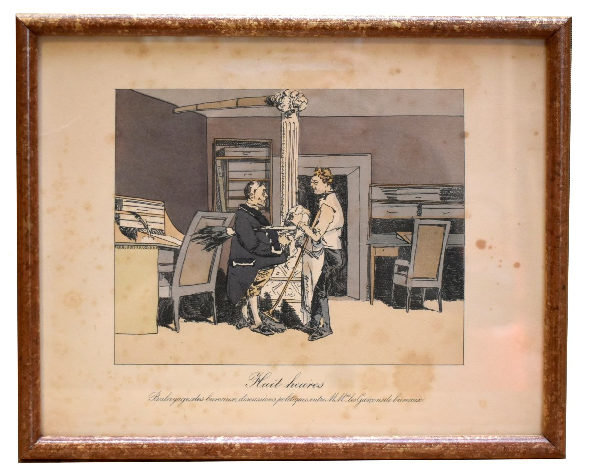 Honoré Daumier, Suite de 8 lithographies en  couleurs  , caricatures sociales vie  au  XIXe,-photo-3