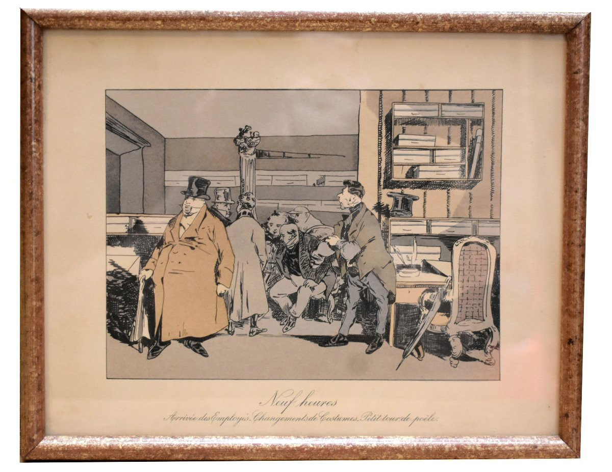 Honoré Daumier, Suite de 8 lithographies en  couleurs  , caricatures sociales vie  au  XIXe,-photo-4