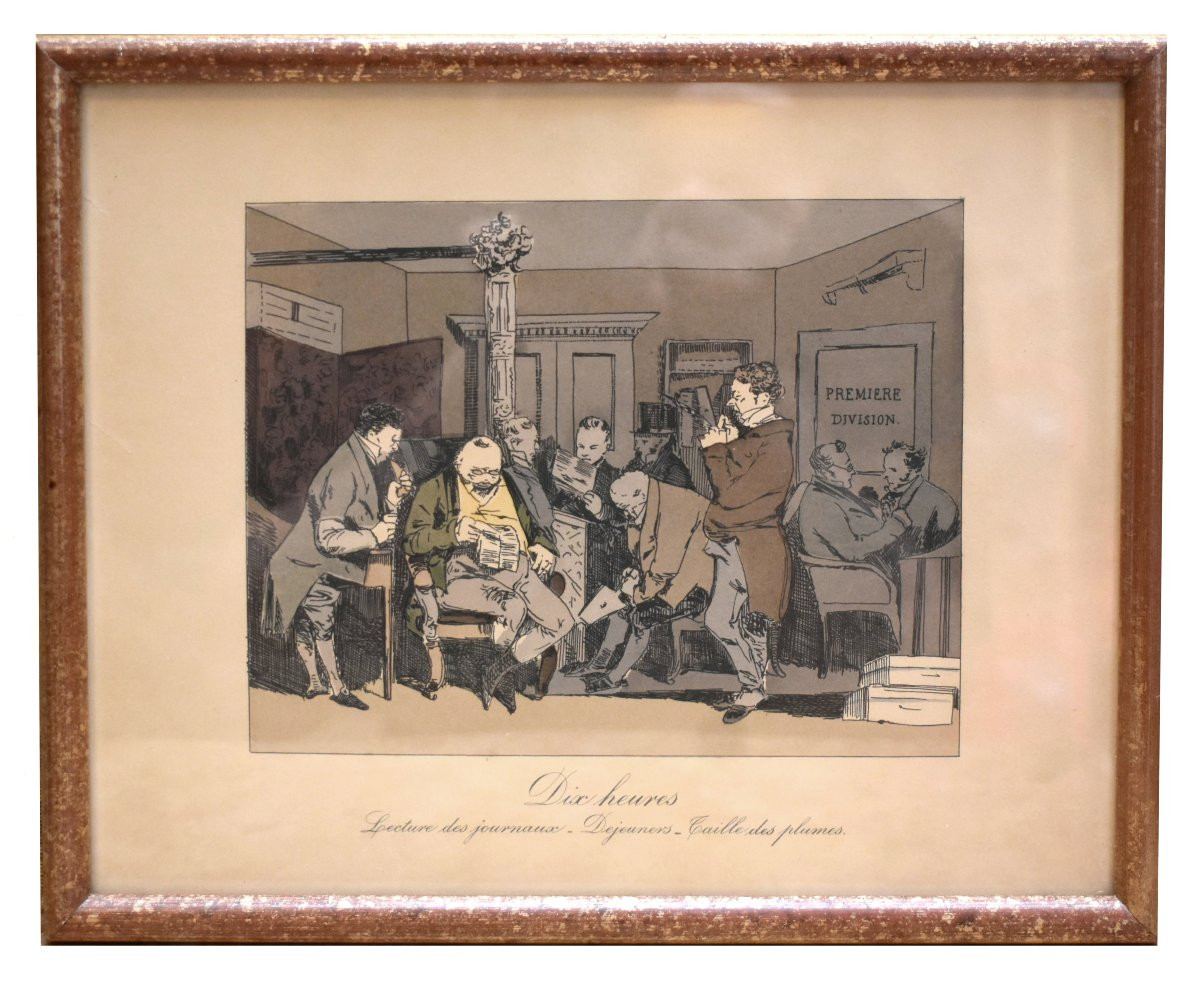 Honoré Daumier, Suite de 8 lithographies en  couleurs  , caricatures sociales vie  au  XIXe,-photo-1