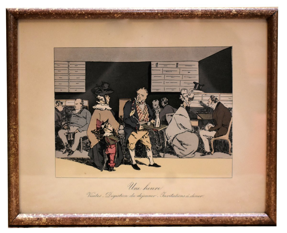 Honoré Daumier, Suite de 8 lithographies en  couleurs  , caricatures sociales vie  au  XIXe,-photo-4