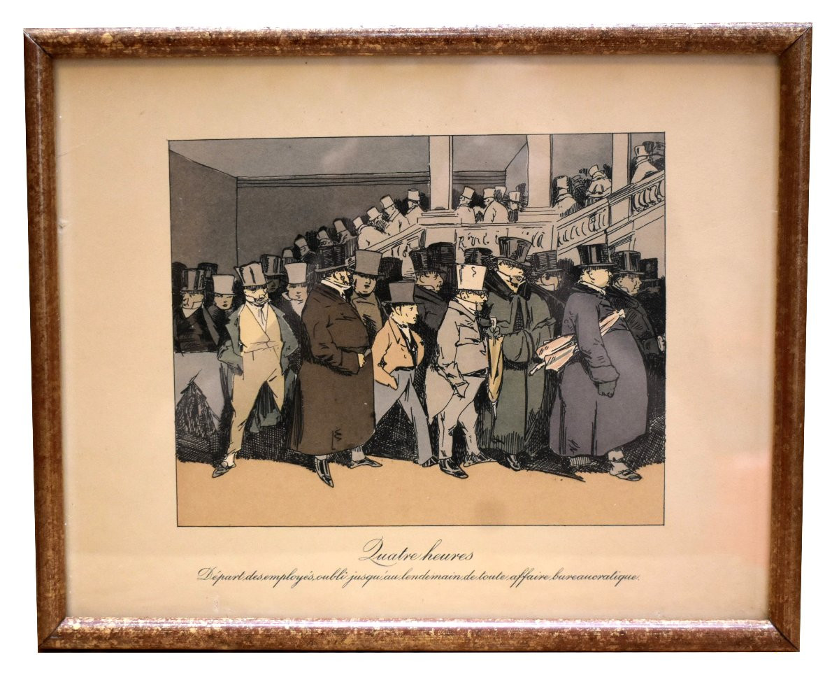 Honoré Daumier, Suite de 8 lithographies en  couleurs  , caricatures sociales vie  au  XIXe,-photo-6